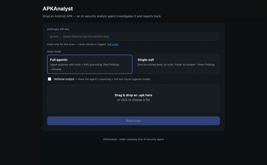 APKAnalyst demo: drag an APK, watch the agent scan, read the report